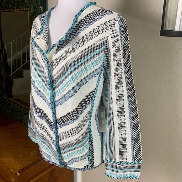 NEW Chico's Size 2 US L Cotton Sweater Jacket 3/4 Sleeve Lightweight Blue White - Picture 3 of 12